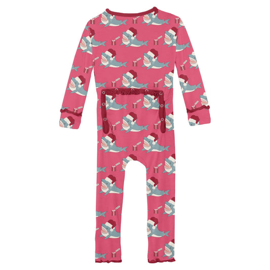 Print Muffin Ruffle Coverall with 2 Way Zipper in Winter Rose Holiday Sharks