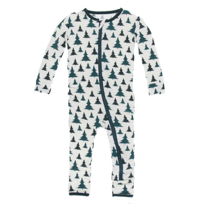 Print Coverall with Zipper in Natural Christmas Trees