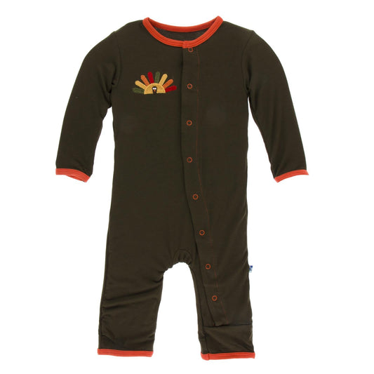Holiday Applique Coverall in Bark Turkey with Frisbee Trim