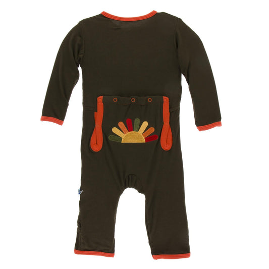 Holiday Applique Coverall in Bark Turkey with Frisbee Trim