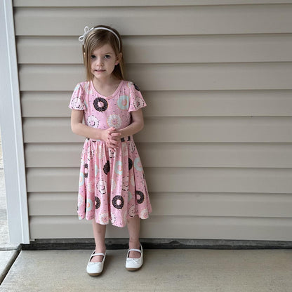 Print Flutter Sleeve Twirl Dress with Pockets in Cake Pop Donuts and Sprinkles