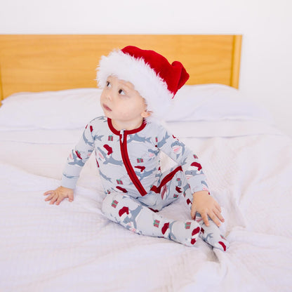 Print Footie with 2 Way Zipper in Illusion Blue Holiday Sharks