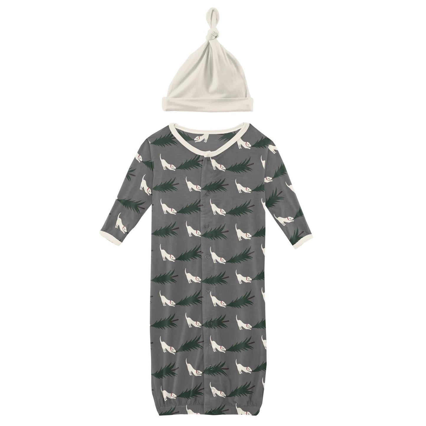 Print Layette Gown Converter & Single Knot Hat Set in Pewter Christmas Tree Drag