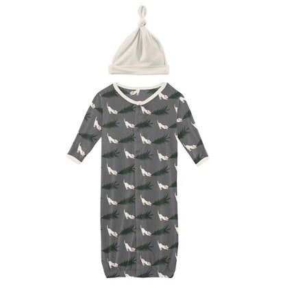 Print Layette Gown Converter & Single Knot Hat Set in Pewter Christmas Tree Drag