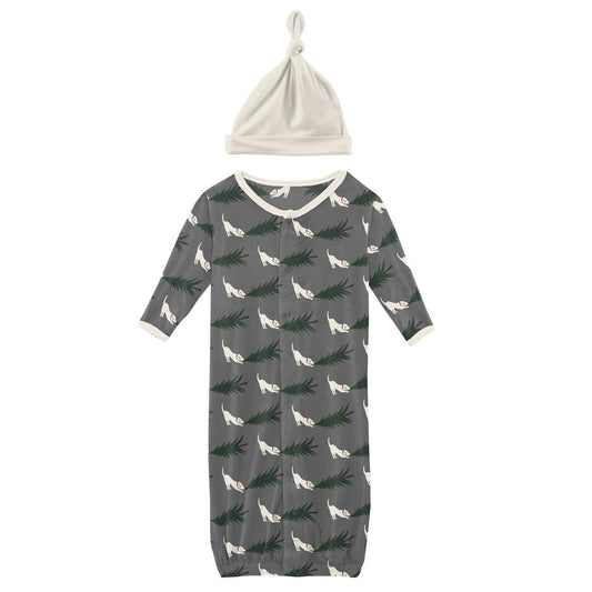 Print Layette Gown Converter & Single Knot Hat Set in Pewter Christmas Tree Drag