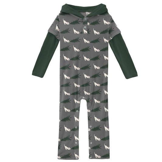 Print Long Sleeve Hoodie Romper in Pewter Christmas Tree Drag