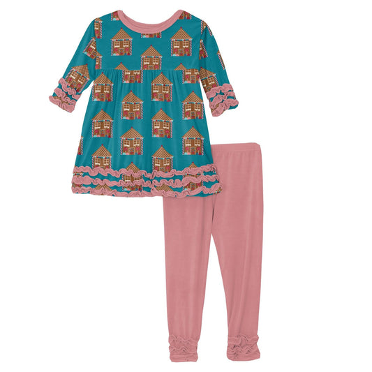 Print Long Sleeve Babydoll Outfit Set in Bay Gingerbread