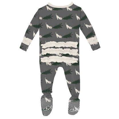 Print Layette Ruffle Footie with Zipper in Pewter Christmas Tree Drag