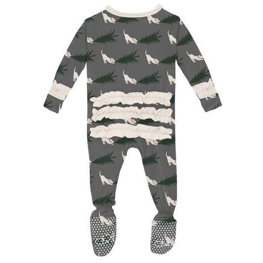 Print Layette Ruffle Footie with Snaps in Pewter Christmas Tree Drag