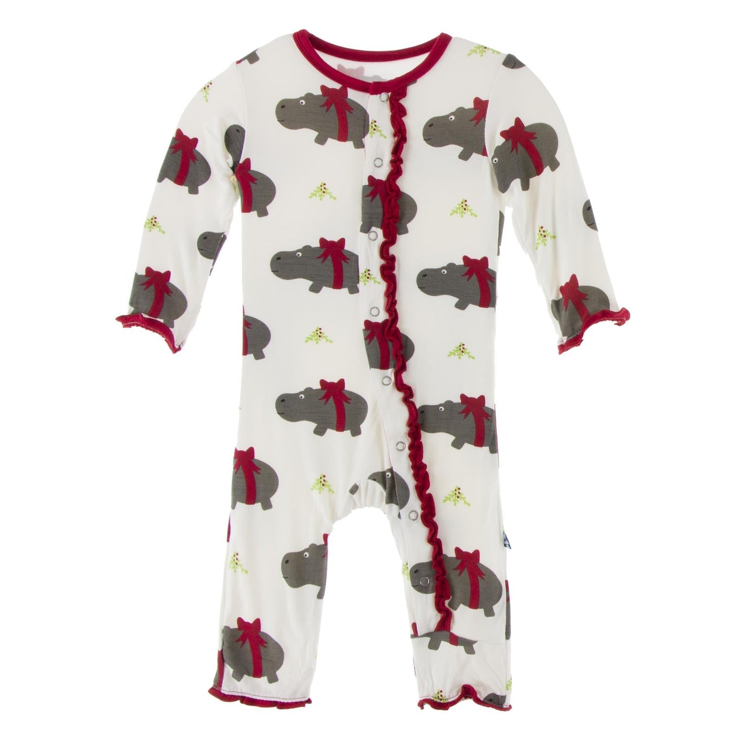 Print Muffin Ruffle Coverall with Snaps in Natural Christmas Hippo