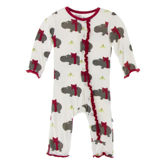 Print Muffin Ruffle Coverall with Snaps in Natural Christmas Hippo