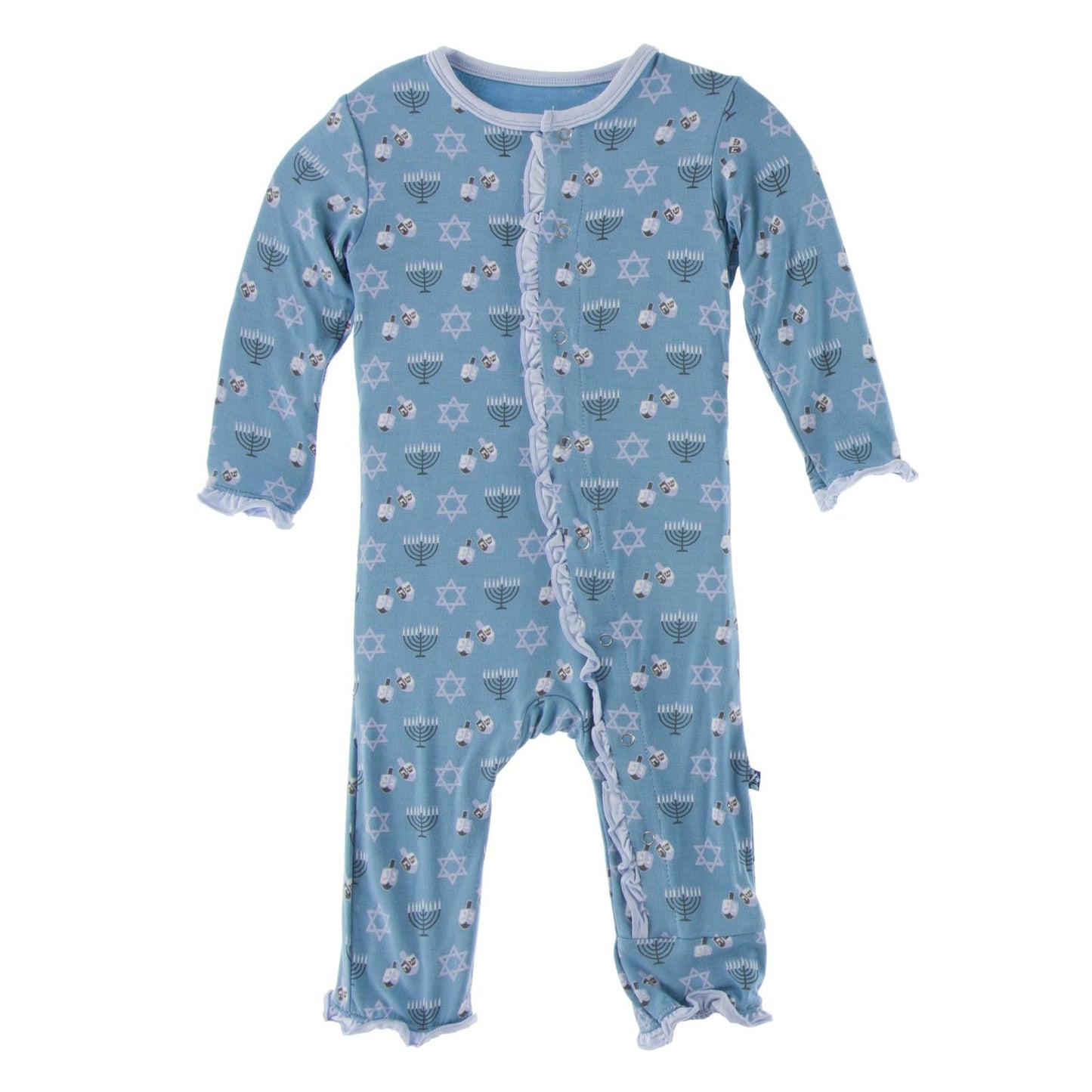 Print Layette Ruffle Coverall with Snaps in Blue Moon Hanukkah