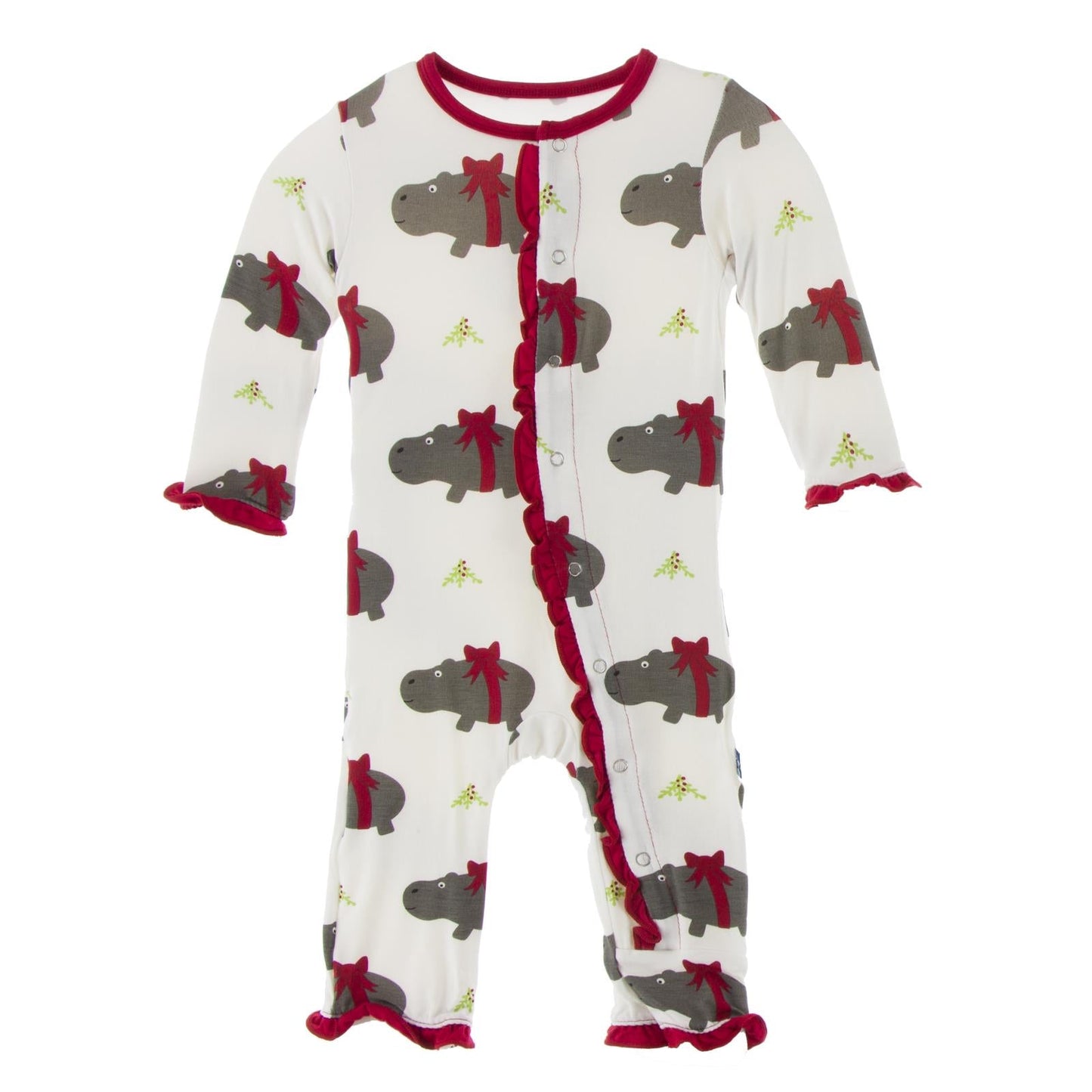 Print Layette Ruffle Coverall with Snaps in Natural Christmas Hippo