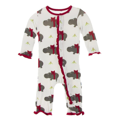 Print Layette Ruffle Coverall with Snaps in Natural Christmas Hippo