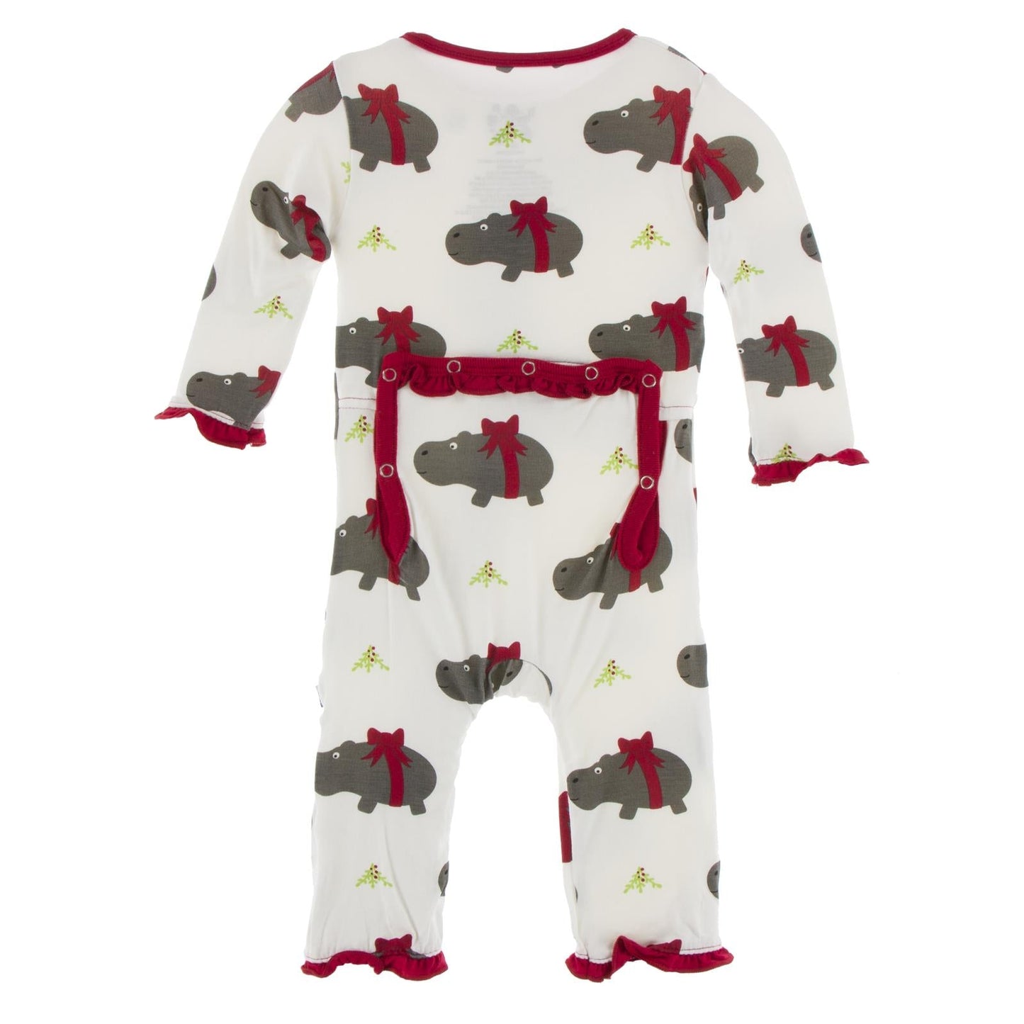 Print Layette Ruffle Coverall with Snaps in Natural Christmas Hippo