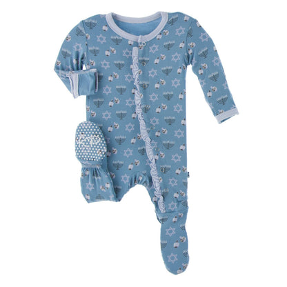 Print Layette Ruffle Footie with Snaps in Blue Moon Hanukkah