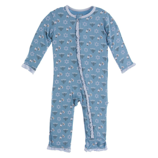 Print Layette Ruffle Coverall with Zipper in Blue Moon Hanukkah
