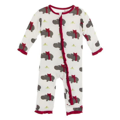Print Layette Ruffle Coverall with Zipper in Natural Christmas Hippo