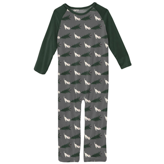 Print Long Sleeve Raglan Romper in Pewter Christmas Tree Drag