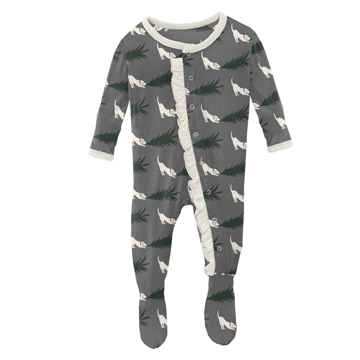 Print Layette Ruffle Footie with Snaps in Pewter Christmas Tree Drag