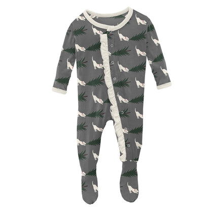 Print Layette Ruffle Footie with Snaps in Pewter Christmas Tree Drag