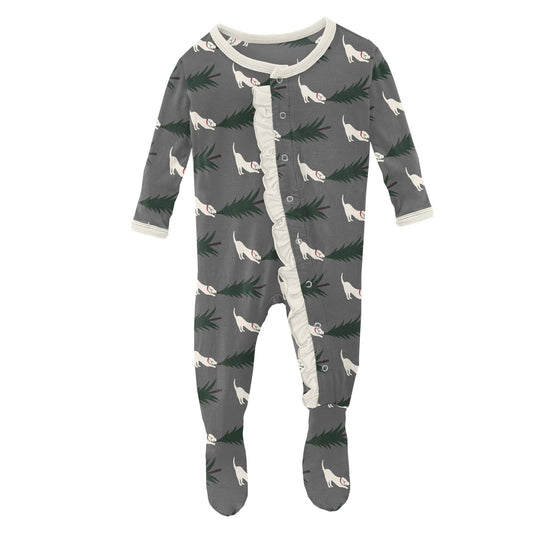 Print Layette Ruffle Footie with Snaps in Pewter Christmas Tree Drag