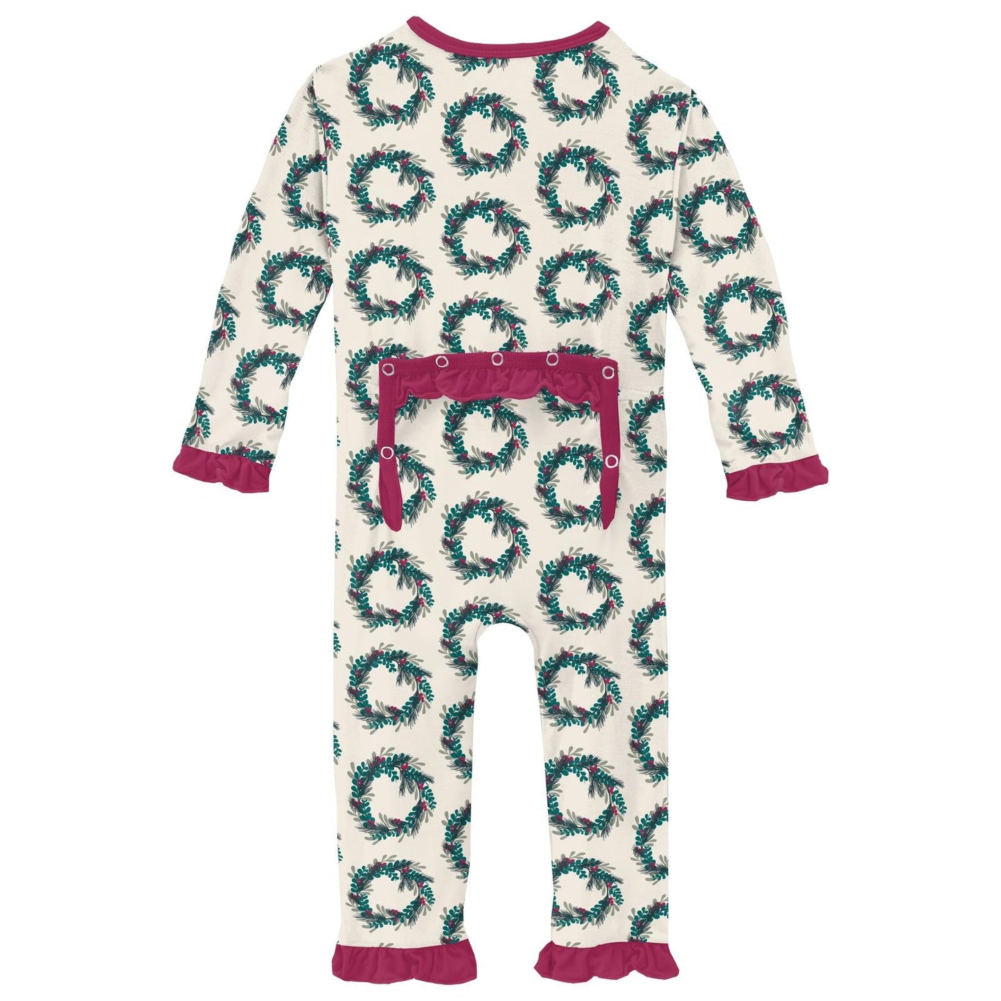 Print Layette Ruffle Coverall with 2 Way Zipper in Natural Holiday Wreath