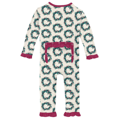 Print Layette Ruffle Coverall with 2 Way Zipper in Natural Holiday Wreath