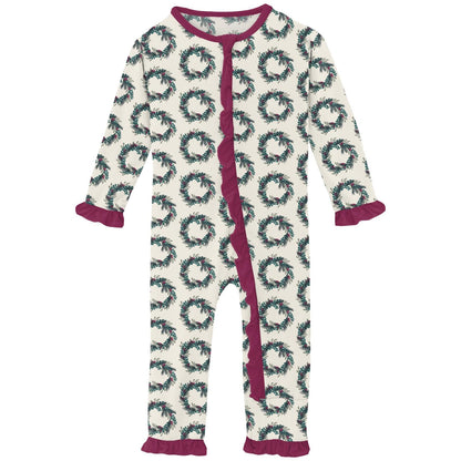 Print Layette Ruffle Coverall with 2 Way Zipper in Natural Holiday Wreath