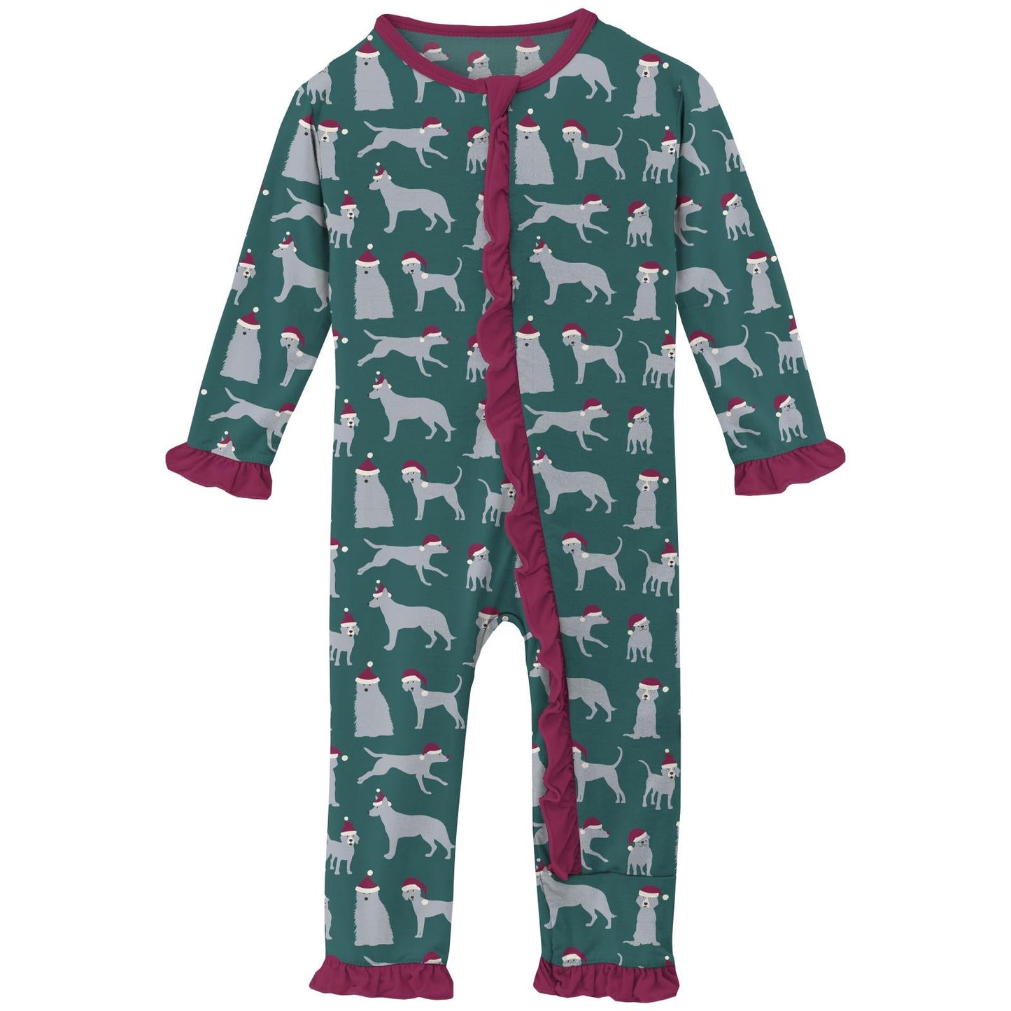 Print Layette Ruffle Coverall with 2 Way Zipper in Cedar Santa Dogs