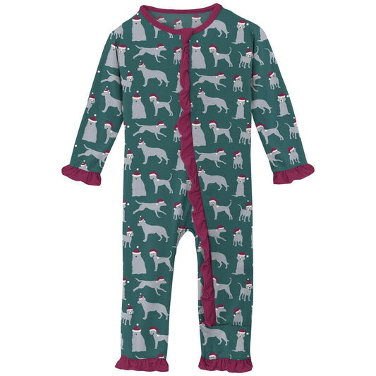 Print Layette Ruffle Coverall with 2 Way Zipper in Cedar Santa Dogs