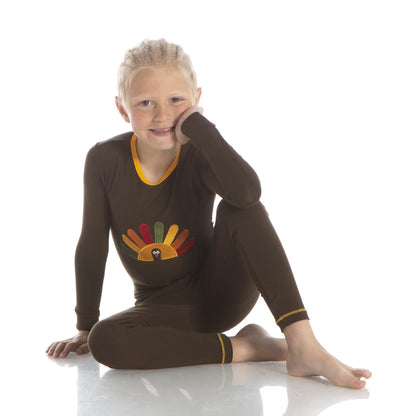 Holiday Long Sleeve Applique Pajama Set in Bark Turkey with Fuzzy Bee Trim