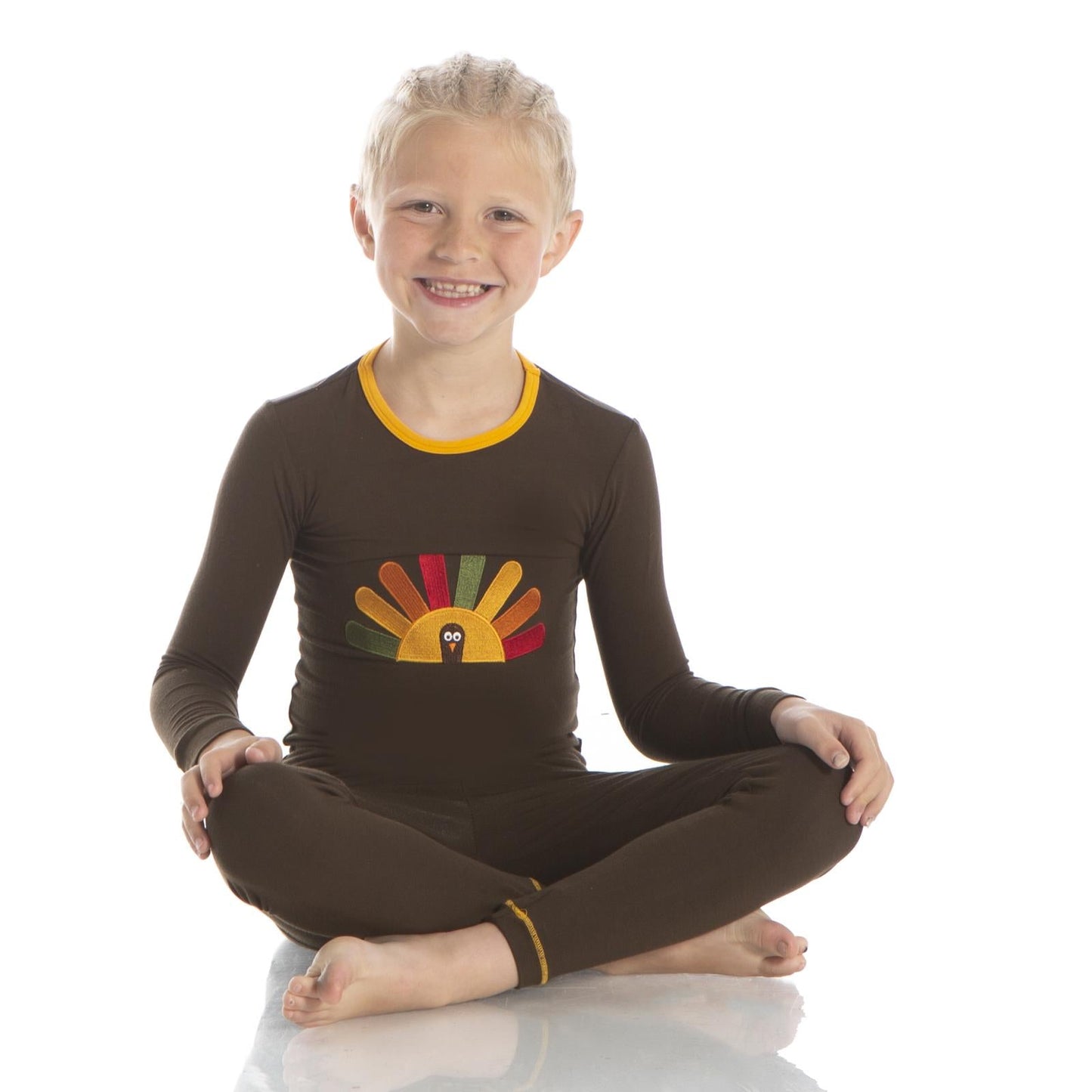 Holiday Long Sleeve Applique Pajama Set in Bark Turkey with Fuzzy Bee Trim