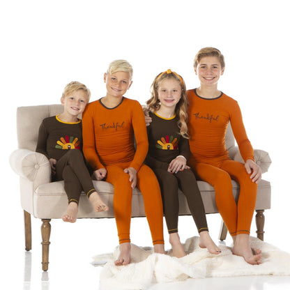 Holiday Long Sleeve Applique Pajama Set in Bark Turkey with Fuzzy Bee Trim