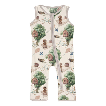 Print Finn Zip Tank Romper in Natural Tree House