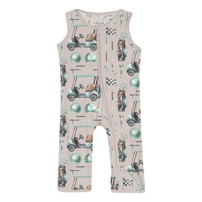 Print Finn Zip Tank Romper in Latte Golf