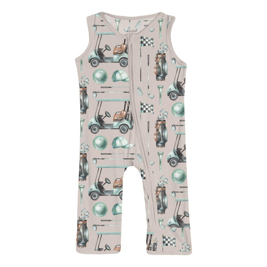 Print Finn Zip Tank Romper in Latte Golf