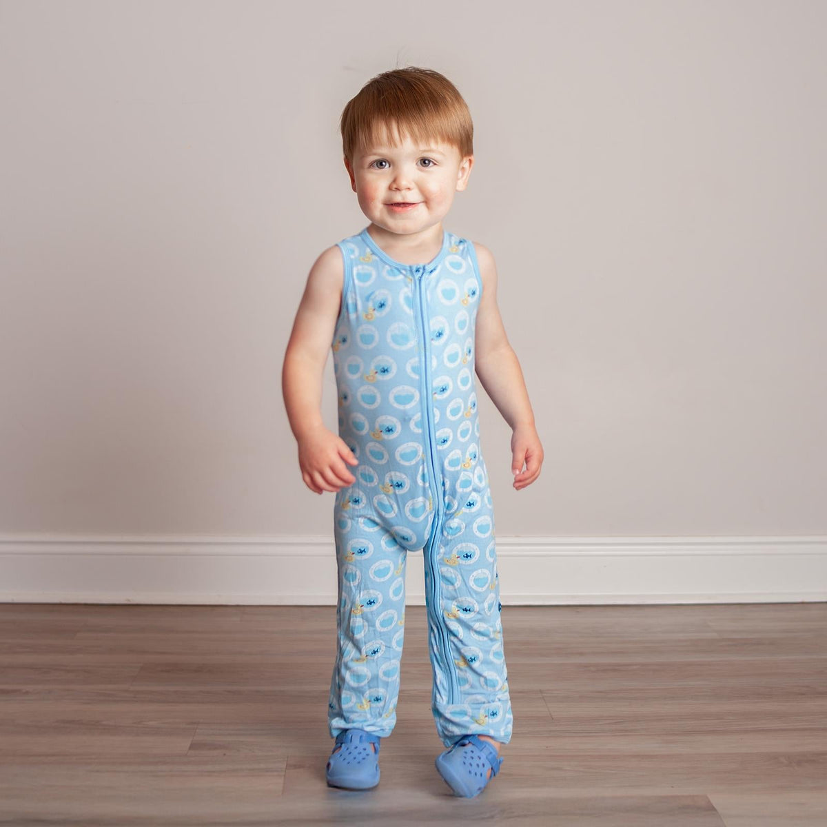 Print Finn Zip Tank Romper in Seaside Blue Porthole Rubber Ducky