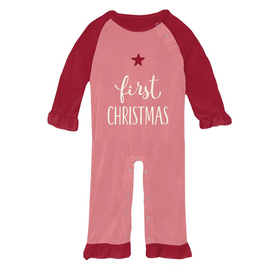 Graphic Ruffle Raglan Romper in Strawberry First Christmas
