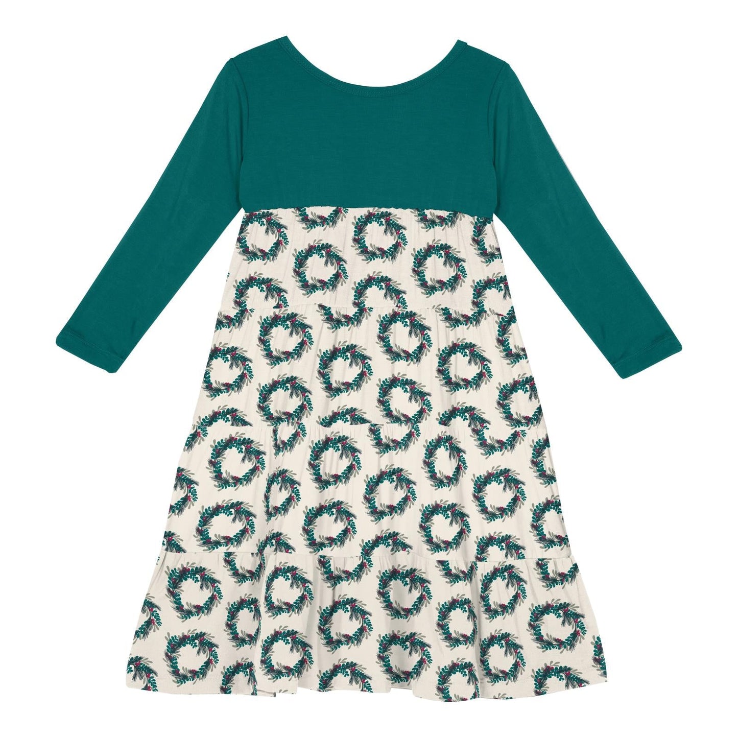 Print Long Sleeve Tiered Dress in Natural Holiday Wreath