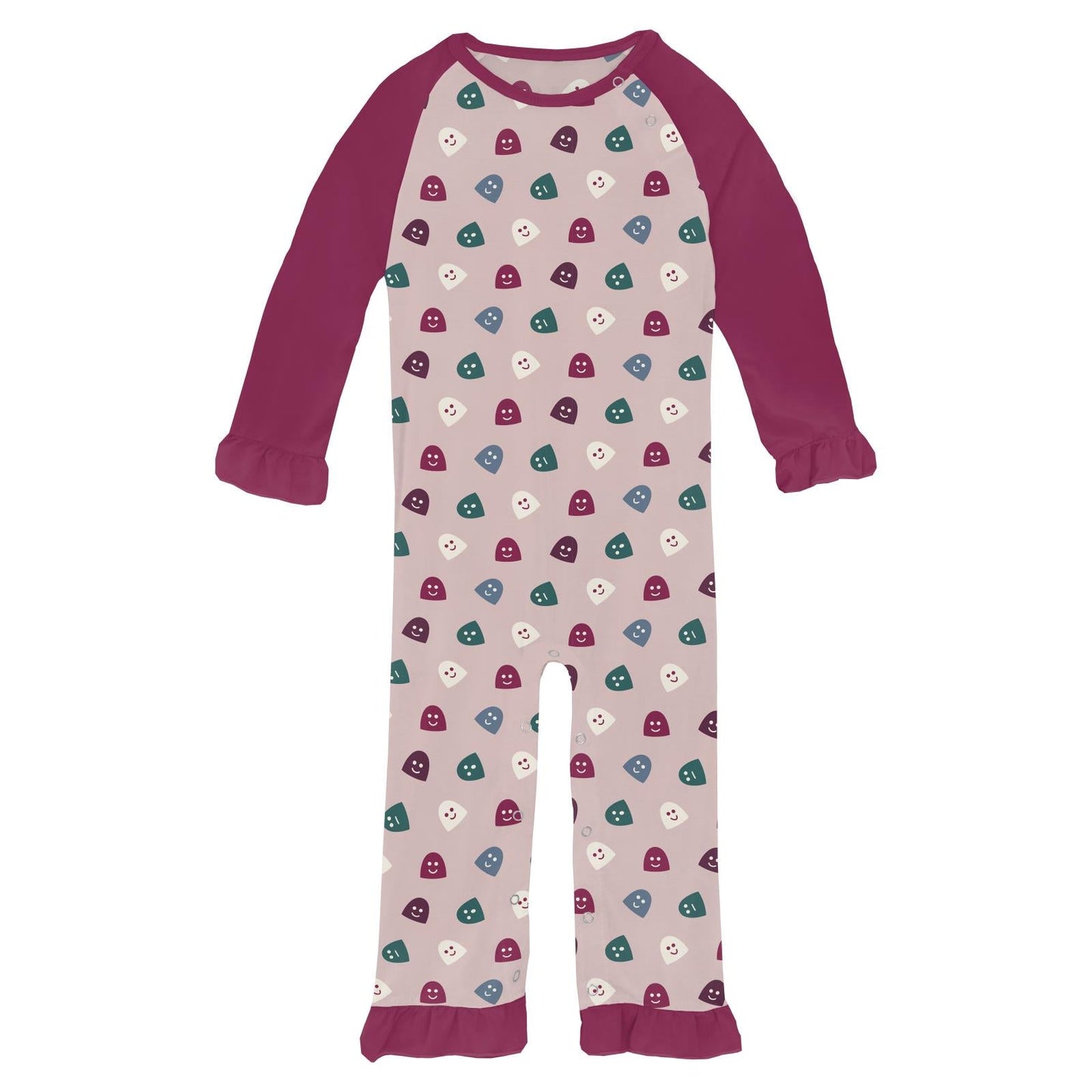 Print Long Sleeve Ruffle Raglan Romper in Baby Rose Happy Gumdrops