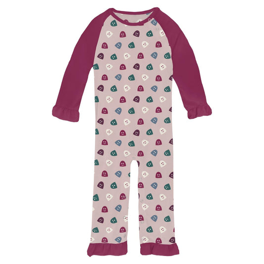 Print Long Sleeve Ruffle Raglan Romper in Baby Rose Happy Gumdrops