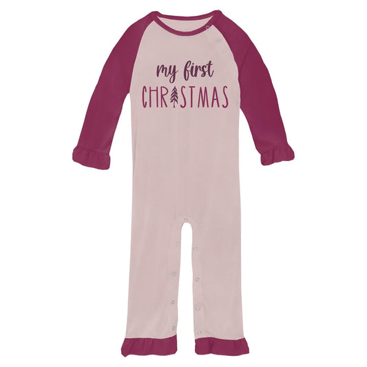 Long Sleeve Graphic Ruffle Raglan Romper in Baby Rose My First Christmas