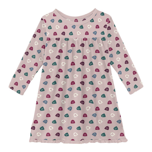 Print Long Sleeve Swing Dress in Baby Rose Happy Gumdrops