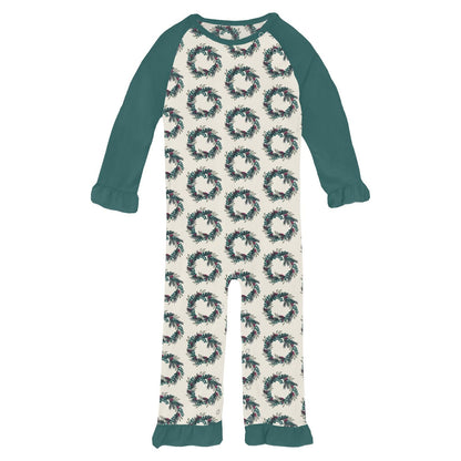 Print Long Sleeve Ruffle Raglan Romper in Natural Holiday Wreath