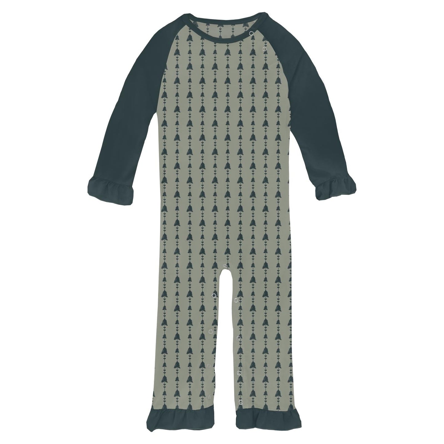 Print Long Sleeve Ruffle Raglan Romper in Silver Sage Trees & Hearts