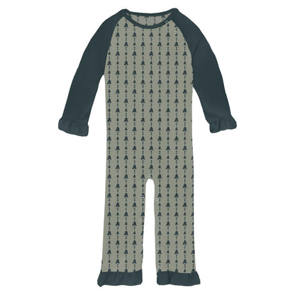 Print Long Sleeve Ruffle Raglan Romper in Silver Sage Trees & Hearts