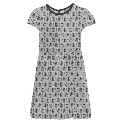 Print Flutter Sleeve Twirl Dress with Pockets in Heathered Gray Rock and Roll