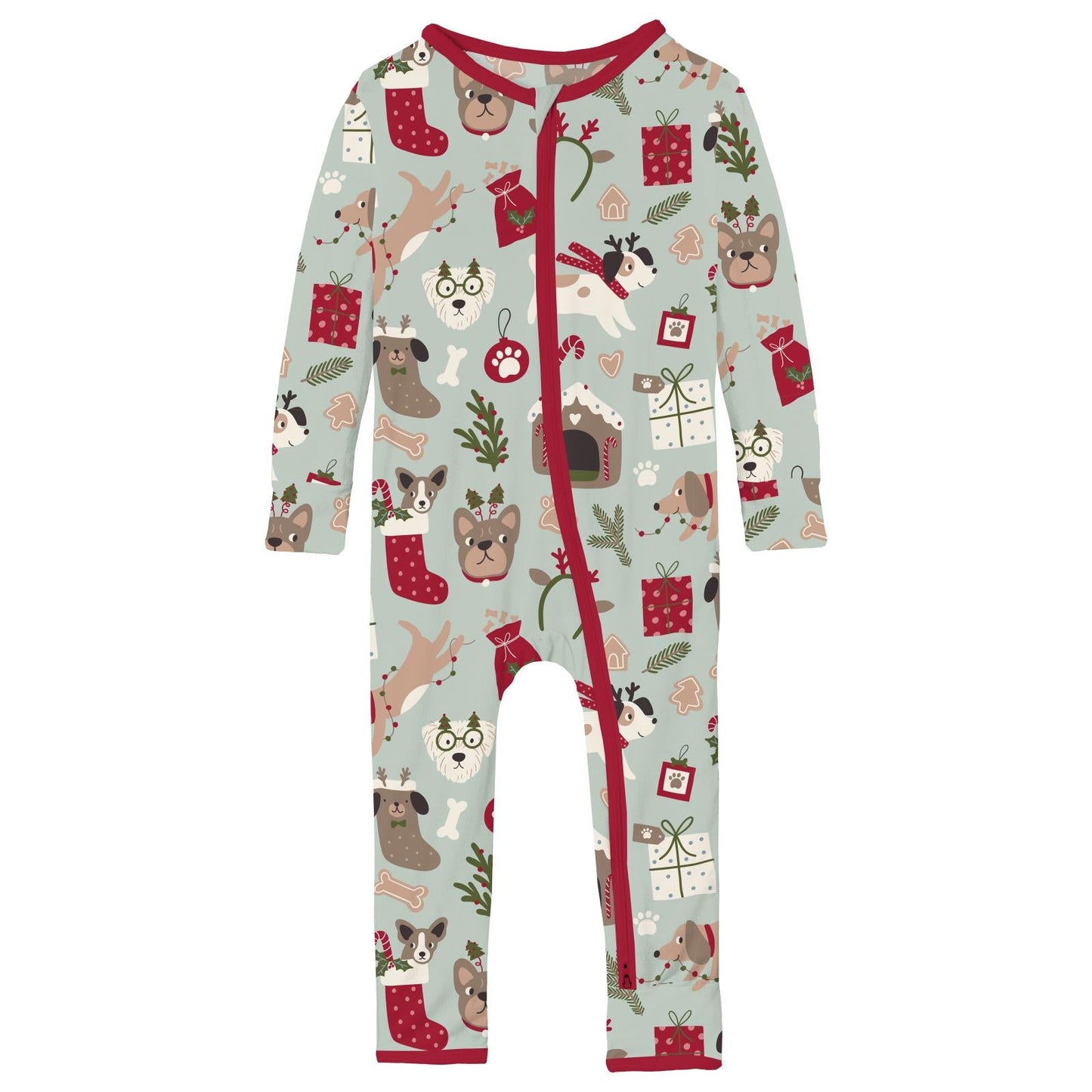 Print Coverall with 2 Way Zipper in Aloe Christmas Dogs