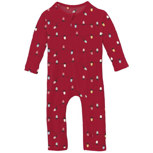 Print Coverall with 2 Way Zipper in Crimson Holiday Lights